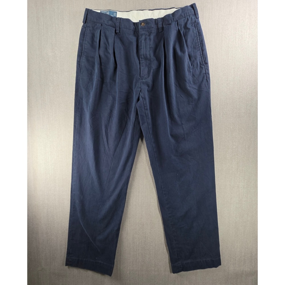 Polo Ralph Lauren Ethan Pant Mens 36x32 Navy Blue Pleated Chino Cotton Trousers